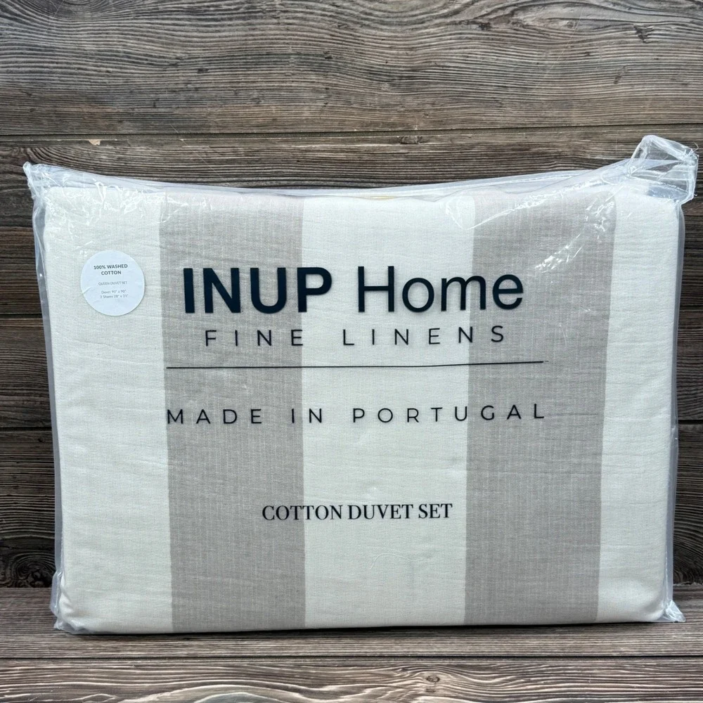 INUP Home Queen Washed Cotton Duvet Set Beige Cream Stripes Made in Portugal
